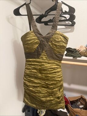 BCBGMaxAzria Olive and Taupe Ruched V-Neck Mini Dress